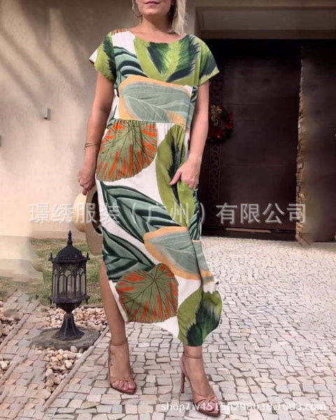 Loose round neck split button fashionable printed long dress loose m302072
