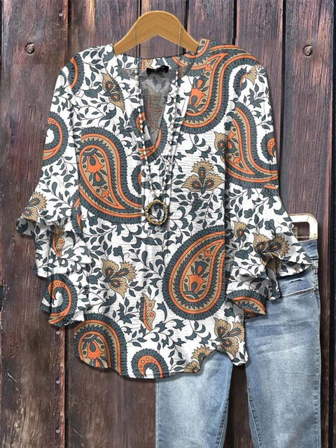 Creative floral element printing digital printing casual trend V-neck lotus edge horn T-shirt m302747