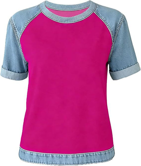 Printed denim splicing round neck short sleeve loose casual m302385