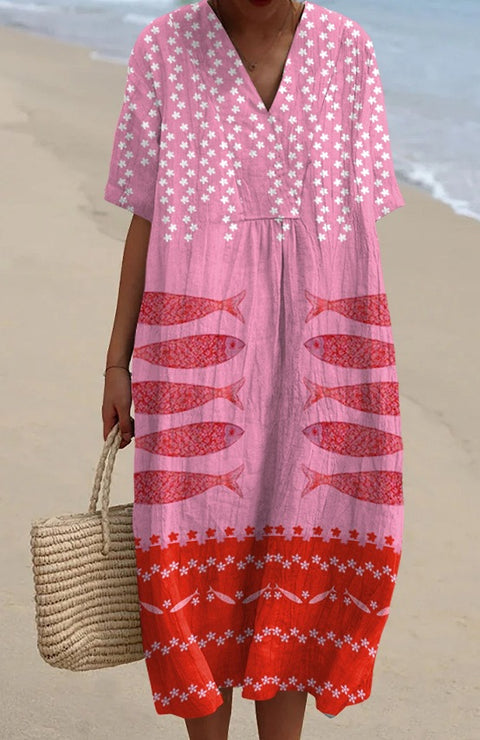 Large size women's shirt short-sleeved dress floral seaside vacation dress m302744