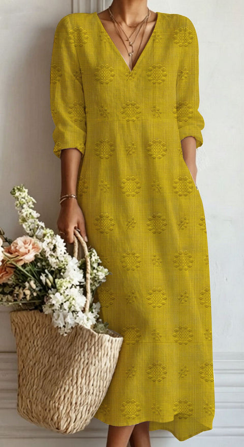 Women's loose V-neck fashion high-end long-sleeved printed collar dress m302766