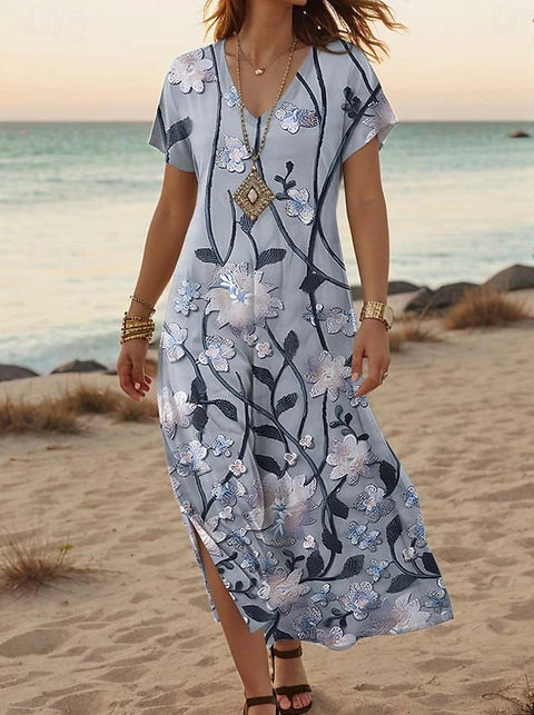 Kreative floral frauen sommer neue V-ausschnitt kurzarm kleid m301230 