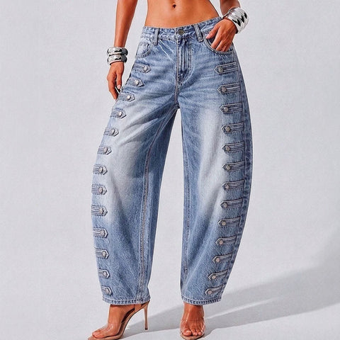 Court style high waist scimitar jeans women loose and thin street hipster versatile button washed trousers FF303268