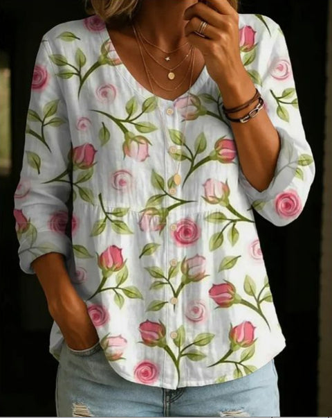 Crew Neck Women's Floral 3D Printed Women's Henley Shirt m302611