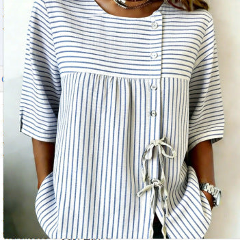 Temperament women's long-sleeved shirt printed top lace-up shirt m302925