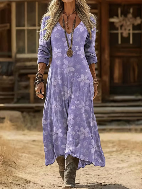 Creative tie-dye 3D printing women's new V-neck long-sleeved dress medium and long dress m302799