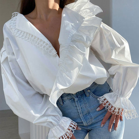 Autumn women's clothing European and American shirts, sexy deep V-neck fungus edge long-sleeved temperament fashionable splicing lace shirt m301823