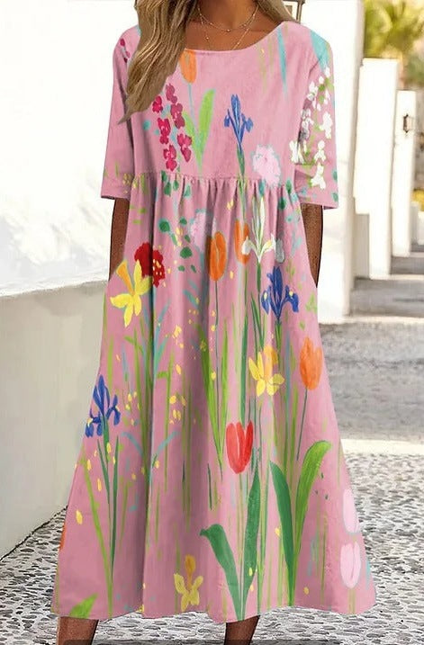 Up and down splicing pocket size printing big wide dress m301712