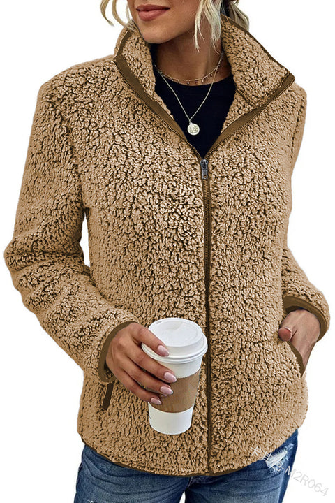 Einfarbiger Top-Pullover für Damen, lässige Mode, langärmelige Reißverschluss-Blasenfleecejacke m300462 