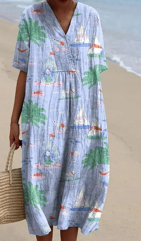 Large size women's shirt short-sleeved dress floral seaside vacation dress m302744