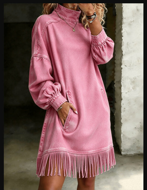 Loose long-sleeved denim dress fringed FF303450