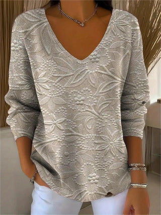 Shoulder V-neck long-sleeved autumn leaf 3D digital printing women's top FF303401