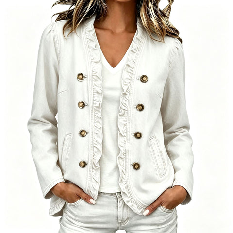 Washed denim jacket women's ruffle edge button-up denim jacket FF303256