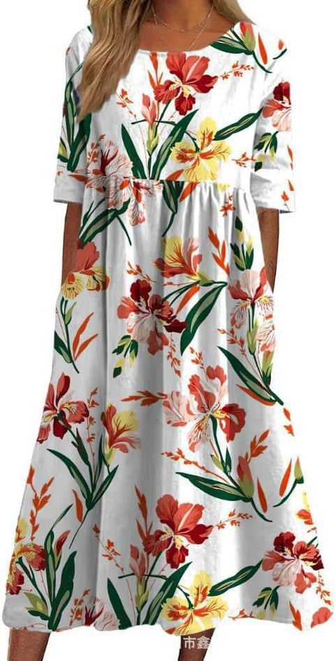 Damen Casual Rundhals Pullover Kurzarm 3D Druck Plissee Taille Swing Langes Kleid m301299 