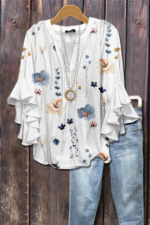 Digital printing casual trend V-neck lotus edge T-shirt women's m302725-1