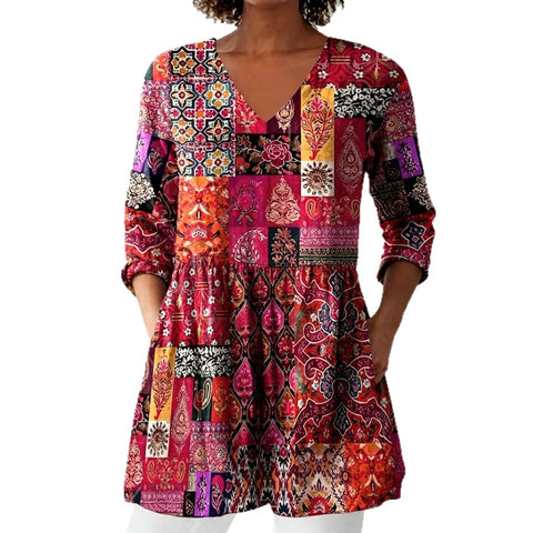 V-neck medium-sleeved T-shirt loose and casual new fashion women's top FF303377
