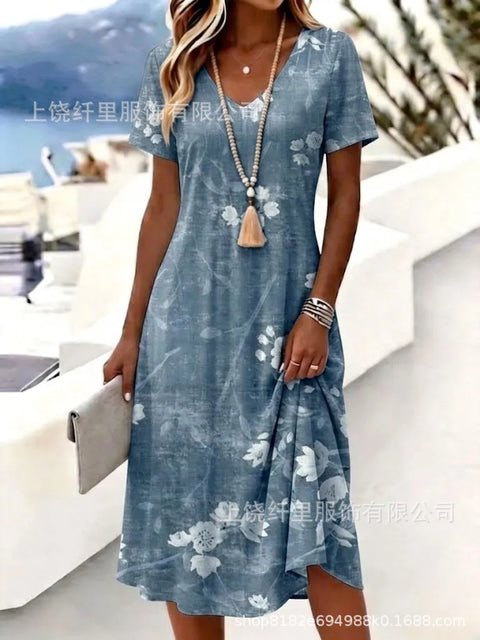 Printed women's v-neck short-sleeved temperament fashion dress m303046