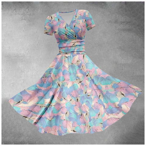 V-neck short-sleeved medium and long waist dress 3D digital printing m301714
