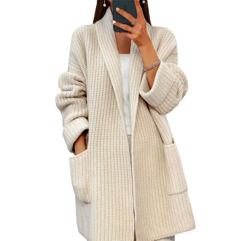 Herbst und Winter neue Damen verdickte einfarbige Strickjacke mit V-Ausschnitt und lockerer Tasche, Pulloverjacke m300471 