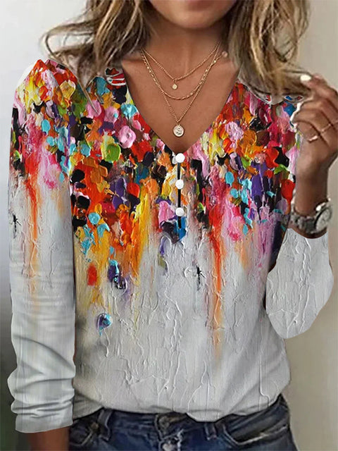 Langarm-T-Shirt-Pullover mit V-Ausschnitt, Stern-Batikmuster und Perlmuttknöpfen m300609 