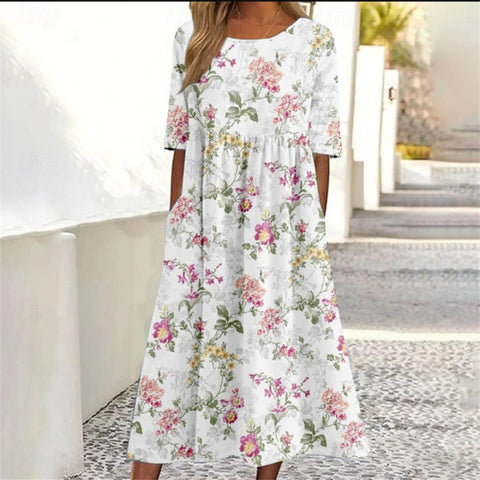 Damen Casual Rundhals Pullover Kurzarm 3D Druck Plissee Taille Swing Langes Kleid m301299 