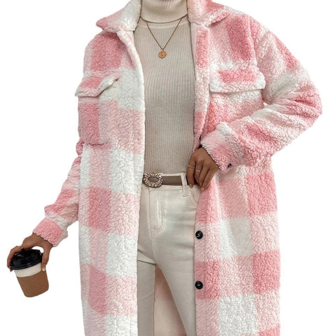 Offene Revers-Plüsch-Karojacke mit lockerem Temperament, Pendler-Langmantel für Damen m300360 