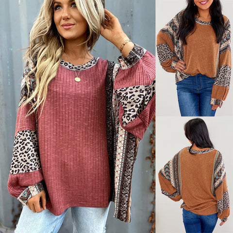Casual shirt contrasting striped round neck bag sleeve loose sweater women's upper m301015