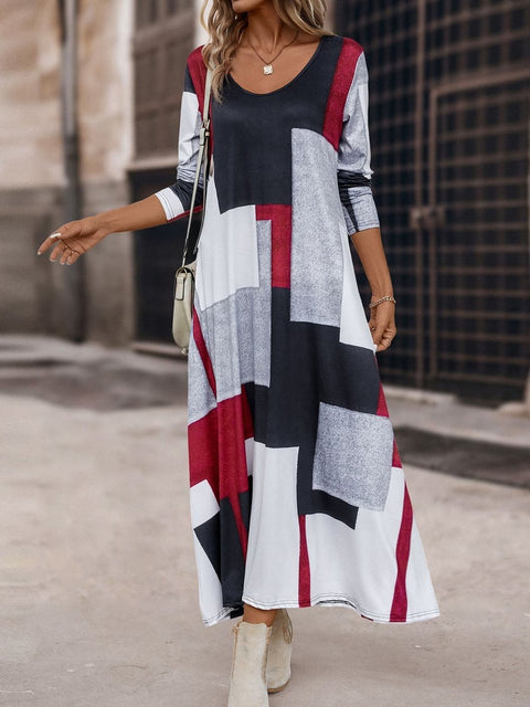 Spring and Autumn long dress big swing pocket loose round neck geometric print casual long sleeve dress m300703