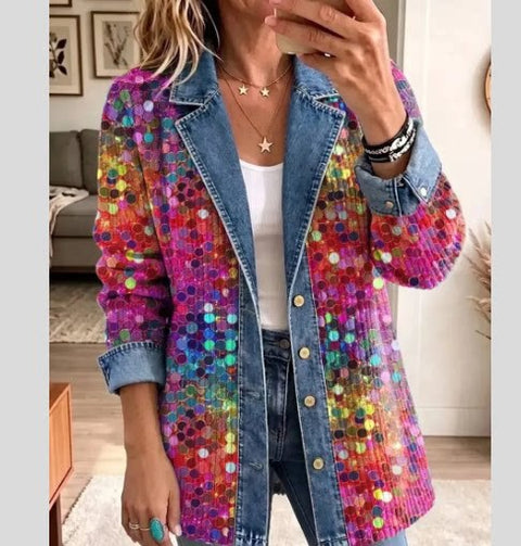 Leopard print denim jacket women's long-sleeved casual cardigan autumn loose jacket FF303339