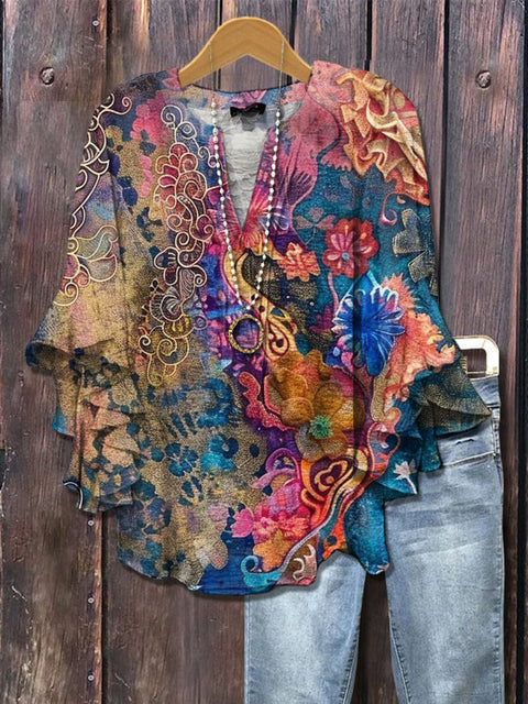 Creative floral element printing digital printing casual trend V-neck lotus edge horn T-shirt m302747