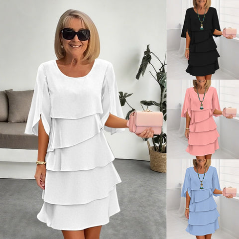Fashion solid color round neck cake skirt splicing dress women's m302730