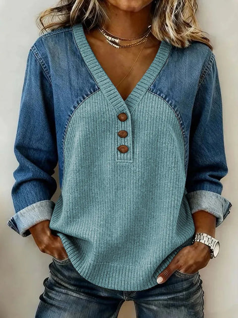 Striped plus imitation denim print full print V-neck casual comfortable fashion sweater FF303262 02