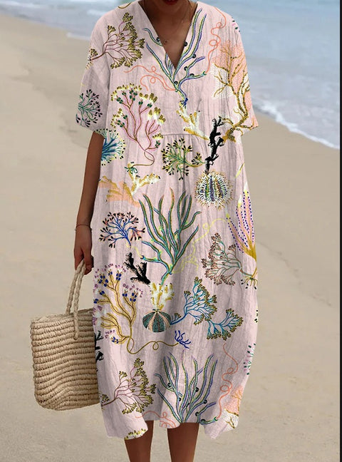 Large size women's shirt short-sleeved dress floral seaside vacation dress m302744