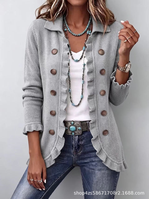 Women's fashion long-sleeved ruffle leaf open button cardigan FF303384 02