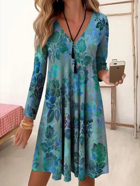 Herbst und Winter V-Ausschnitt hohe Taille Retro allmähliche Veränderung Farbdruck Neunviertelärmel lockeres Kleid m300742 