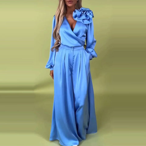 Women's Luxury Elegant V-Neck Satin Long Sleeve Top Wide Leg Pants Set m302297