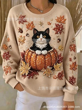 Women's autumn drop shoulder crew neck sweatshirt 3D digital print crew neck FF303475