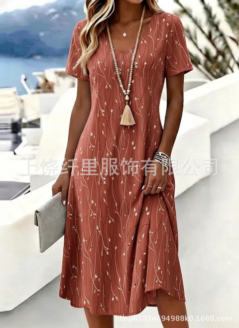 Printed women's v-neck short-sleeved temperament fashion dress m303046