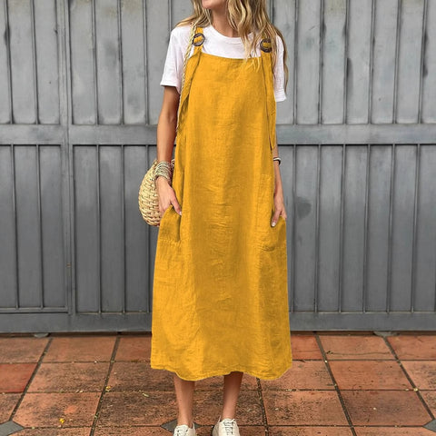 Women's fashion adjustable shoulder strap casual cotton and linen dress m302048