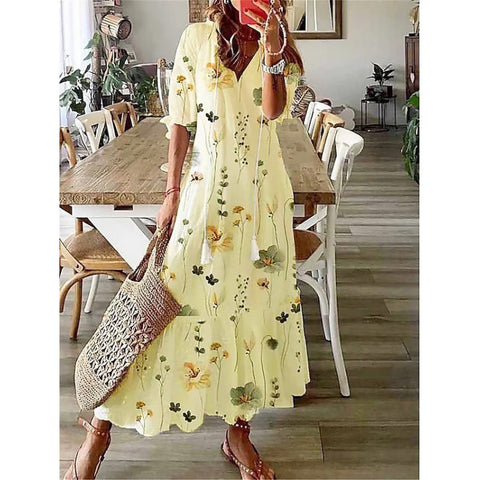 Kurzärmliges Maxikleid in A-Linie mit Blumenmuster und V-Ausschnitt m161507780 