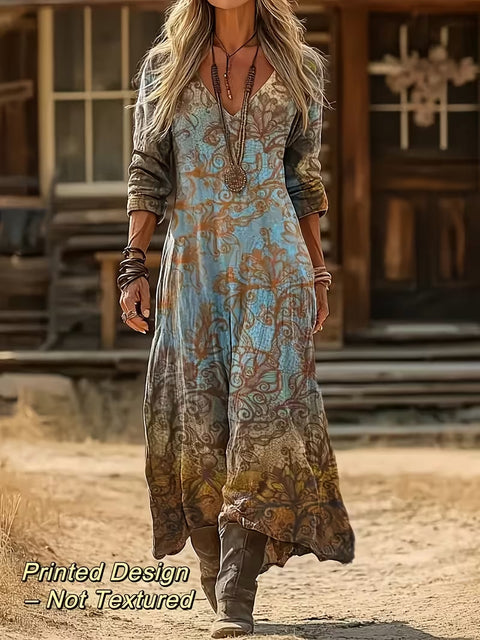 Creative tie-dye 3D printing women's new V-neck long-sleeved dress medium and long dress m302799