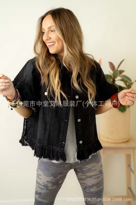 Women's denim short-sleeved ruffled fringed hem denim top m303100