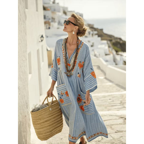 Holiday long striped embroidered dress m302762