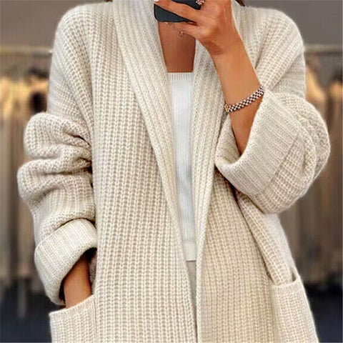 Herbst und Winter neue Damen verdickte einfarbige Strickjacke mit V-Ausschnitt und lockerer Tasche, Pulloverjacke m300471 