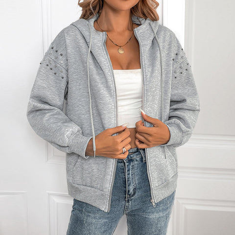 Mit kapuze lange ärmeln pullover herbst und winter einfarbig niet lässige mode pullover jacke frauen m300810 