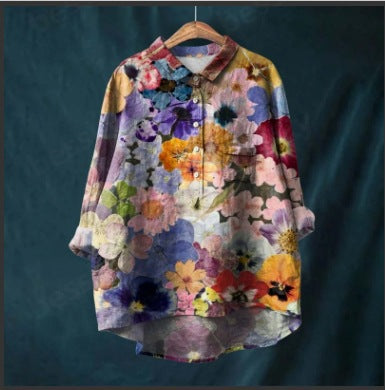 Long Sleeve Bamboo Linen Printing Fashion Versatile Lapel Shirt m301040