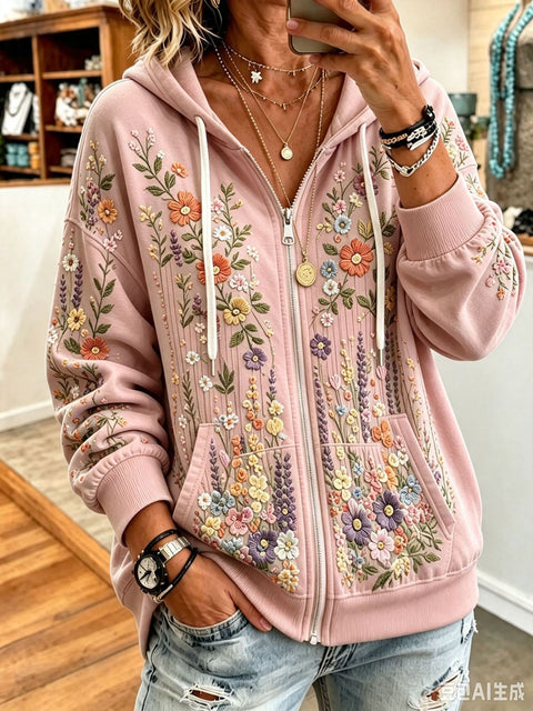 Sequin floral elements 3D digital printing loose casual hooded sweater m303215