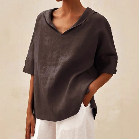 Einfarbiges, lockeres T-Shirt aus Baumwolle und Leinen für Damen mit Kapuze m301294 