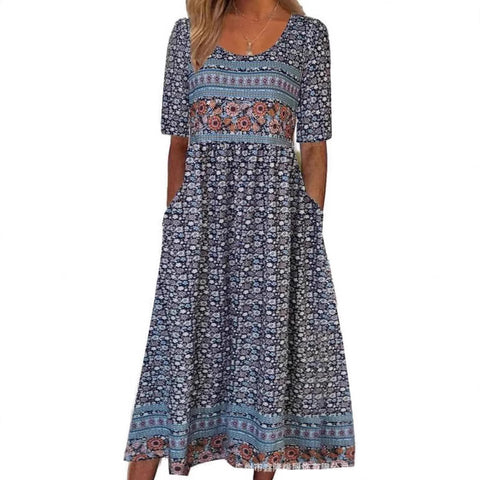 Damen Casual Rundhals Pullover Kurzarm 3D Druck Plissee Taille Swing Langes Kleid m301299 