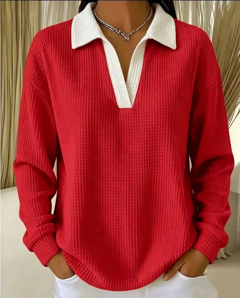 Waffle Contrast Long Sleeve Polo Top Women's m303233